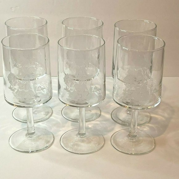 Vintage 1970s Mrs. Albee Victorian Etched Clear Glass 6 Piece Stemware Set - Picture 1 of 6